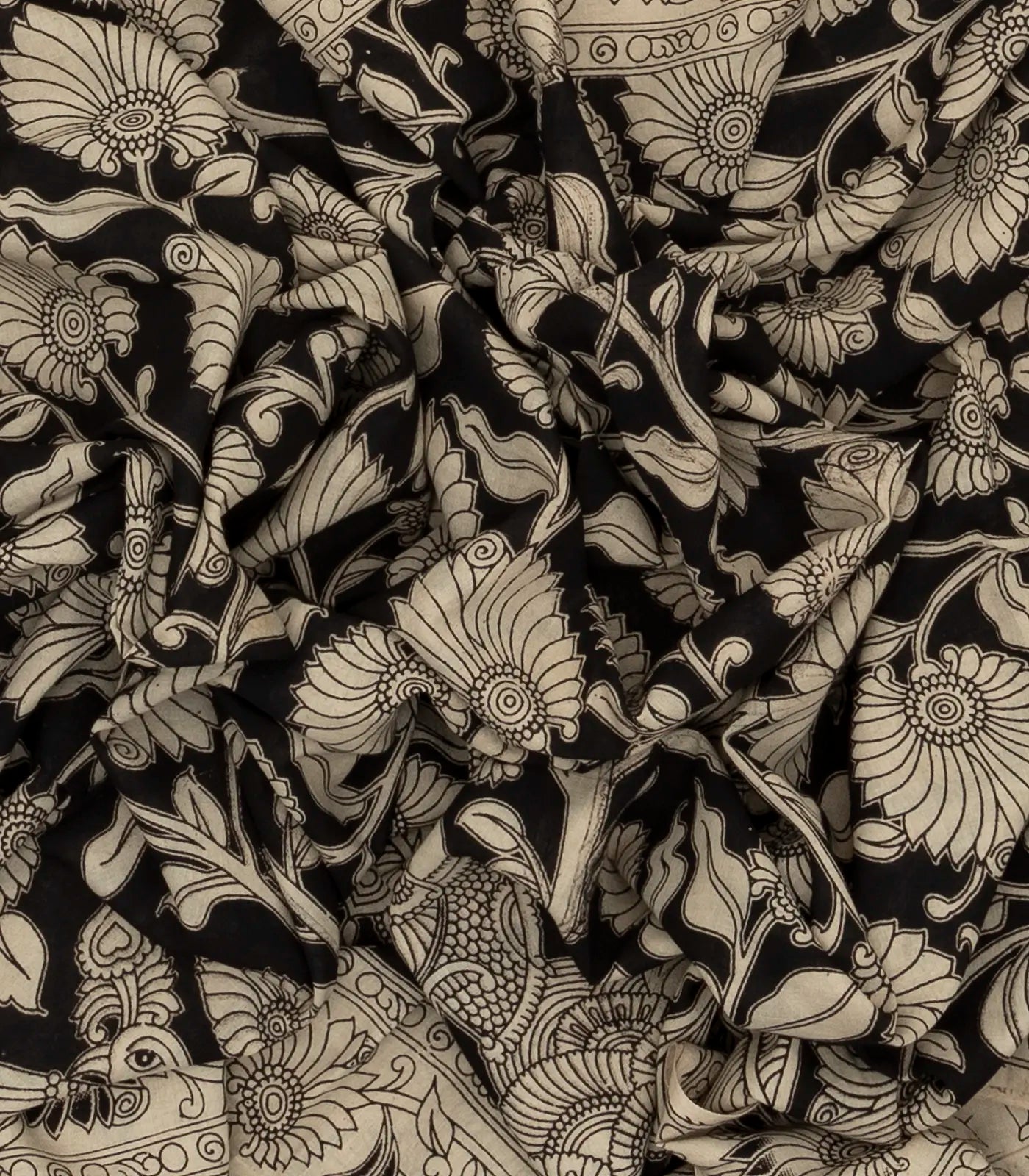 Taupe Cotton Saree With Black Kalamkari Print