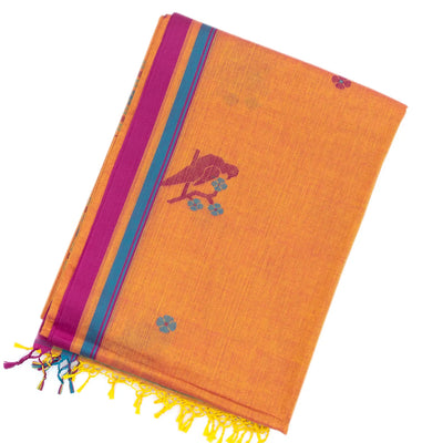 Orange Handloom Bengal Cotton Saree With Bird Motifs
