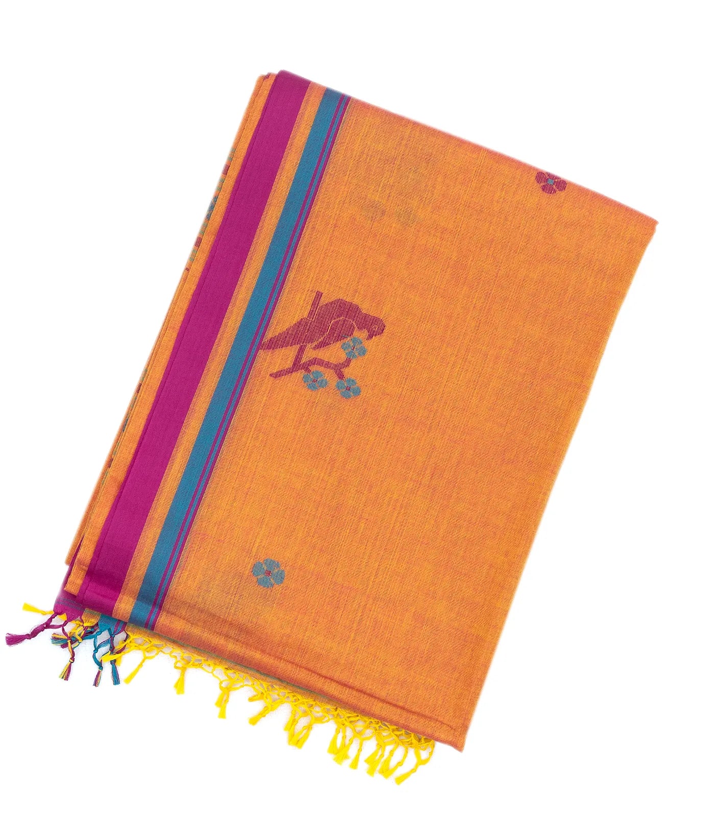 Orange Handloom Bengal Cotton Saree With Bird Motifs