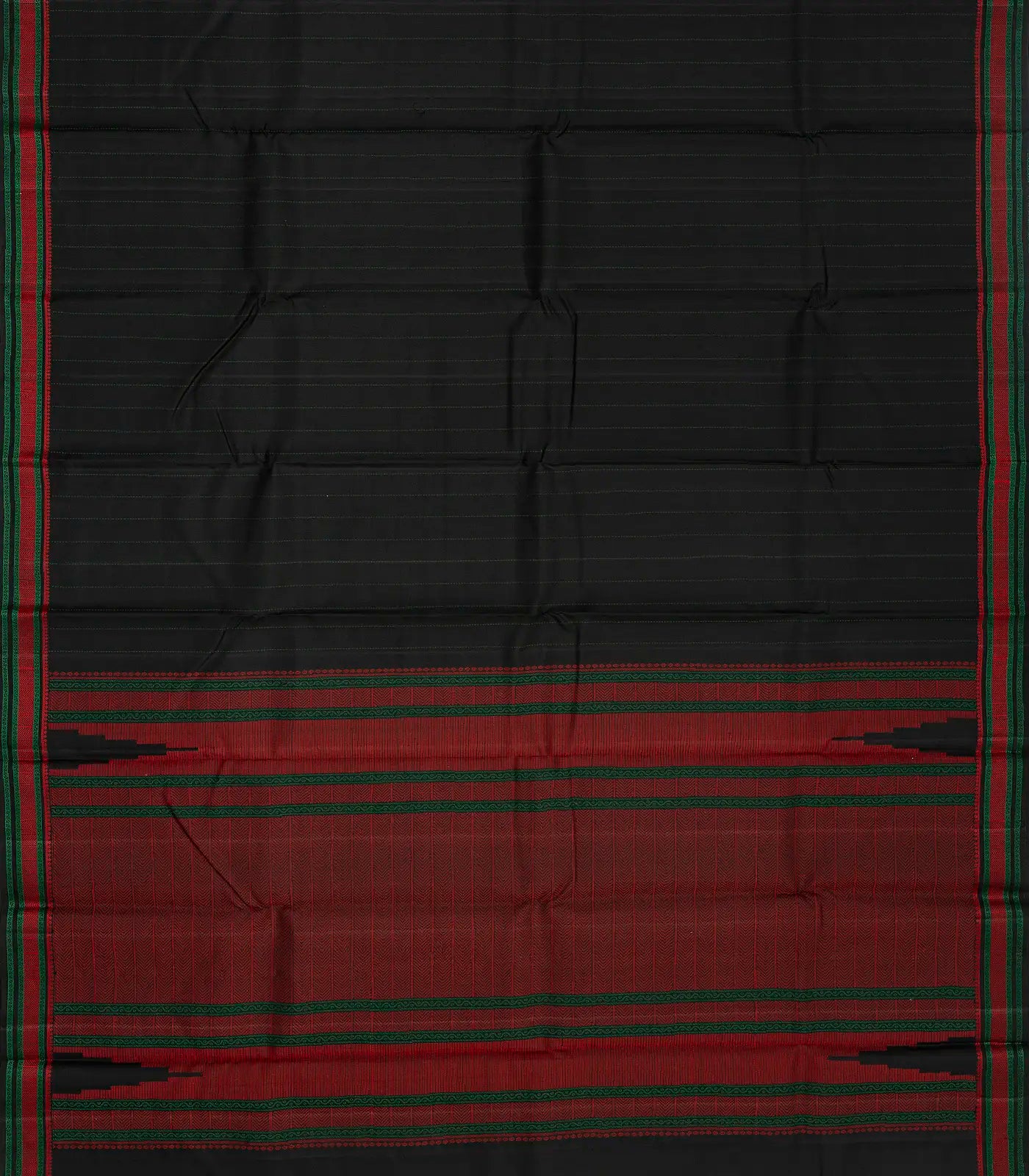 Black Handloom Kanchi Cotton Saree With Dotted Stripes