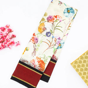 Off White Handloom Kanchipuram Korvai Silk Saree Printed With Floral Motifs