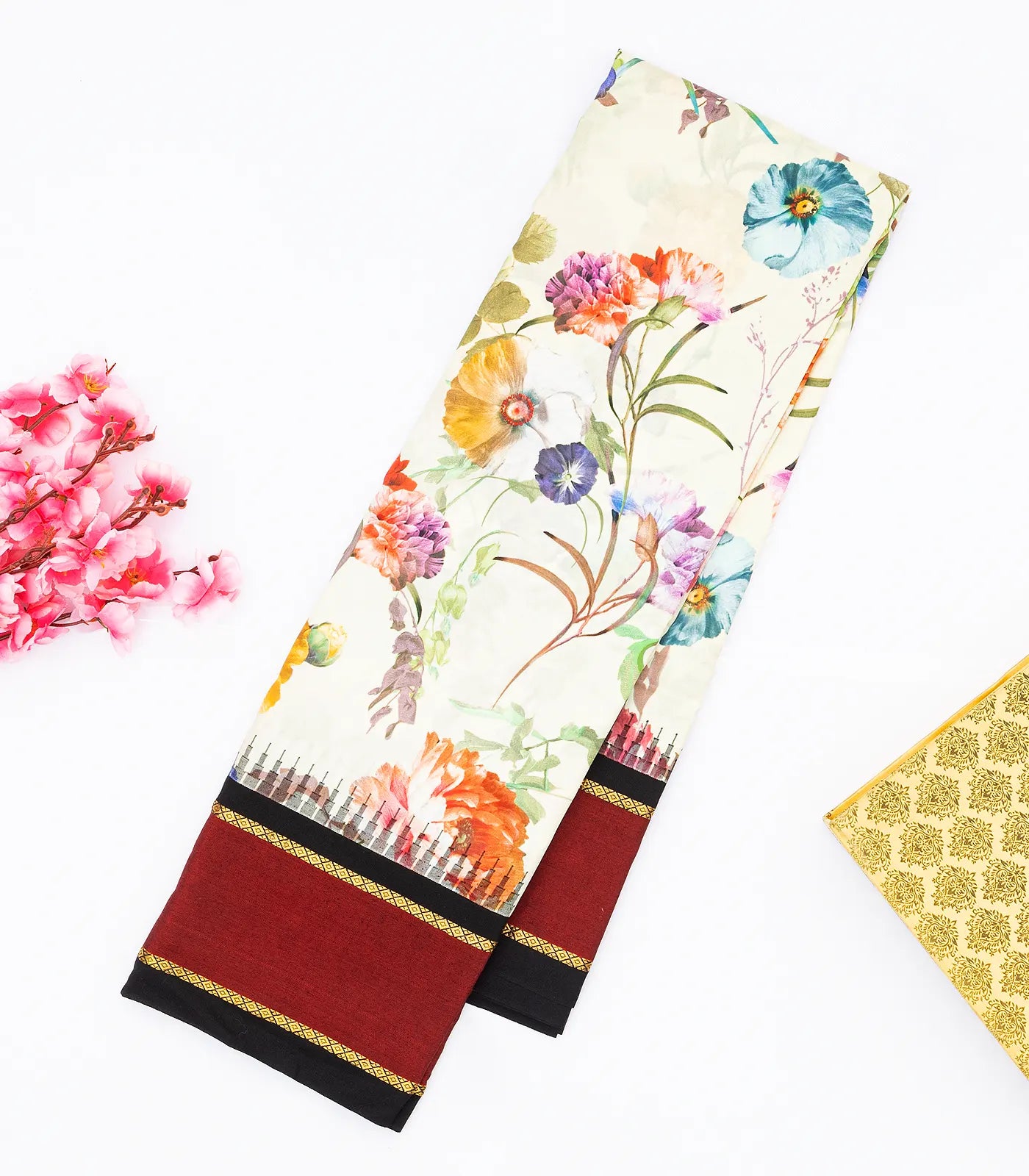 Off White Handloom Kanchipuram Korvai Silk Saree Printed With Floral Motifs