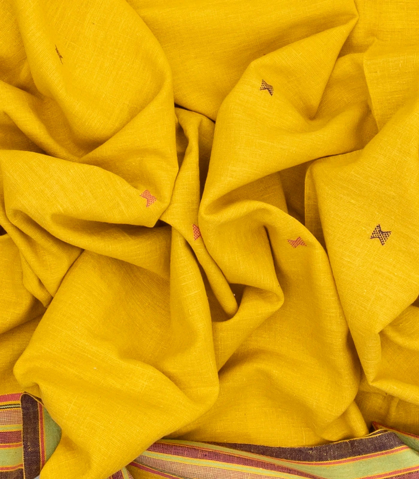 Mustard Handloom Bhujodi Cotton Saree With Cross Buttas