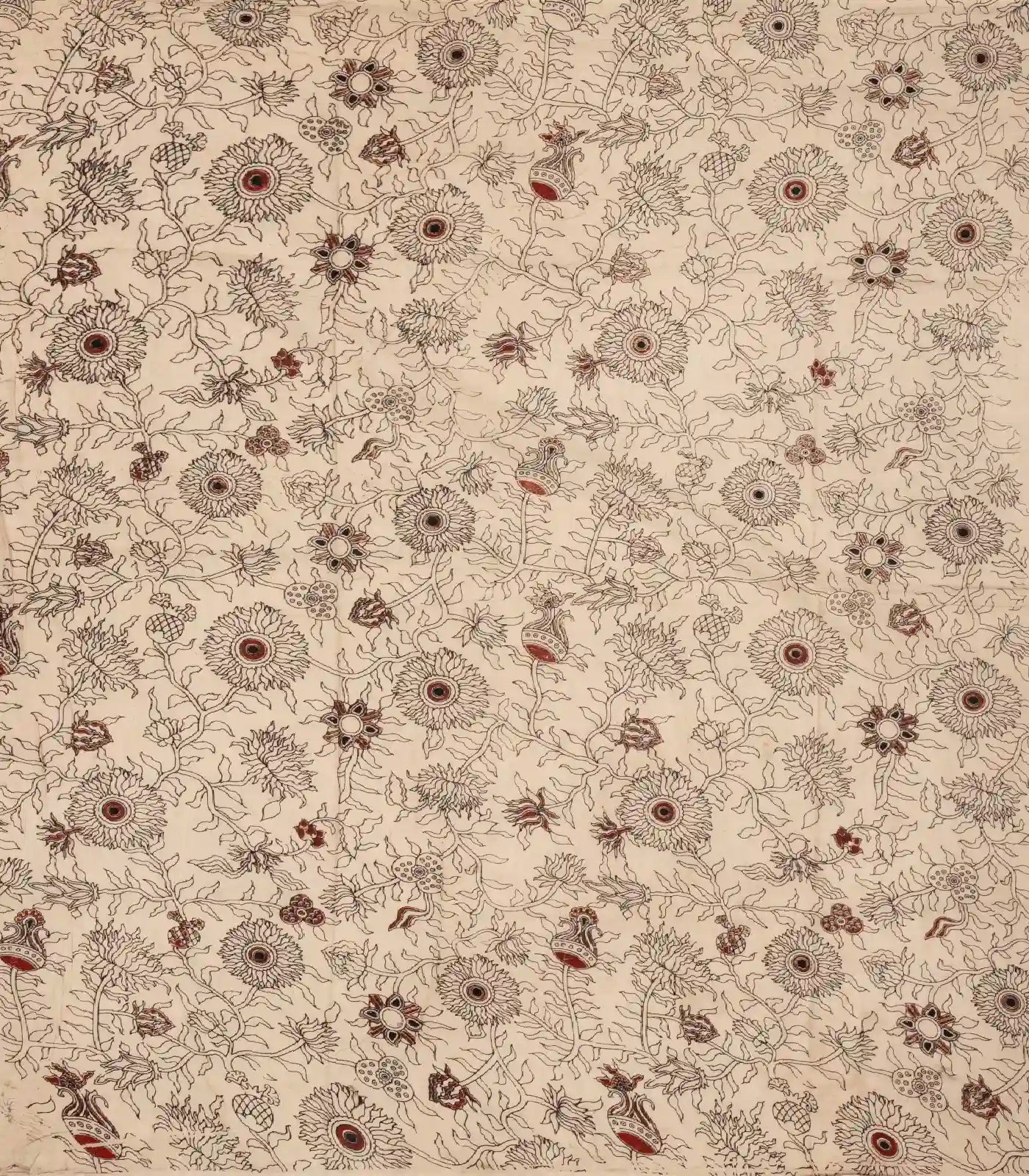 Taupe Cotton Saree With Maroon Kalamkari Print