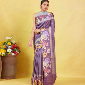 Lilac Handloom Tussar Silk Saree With Printed Border