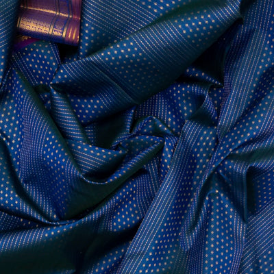 Peacock Blue Handloom Kanchipuram Silk Saree With Stripes & Diamond Motifs
