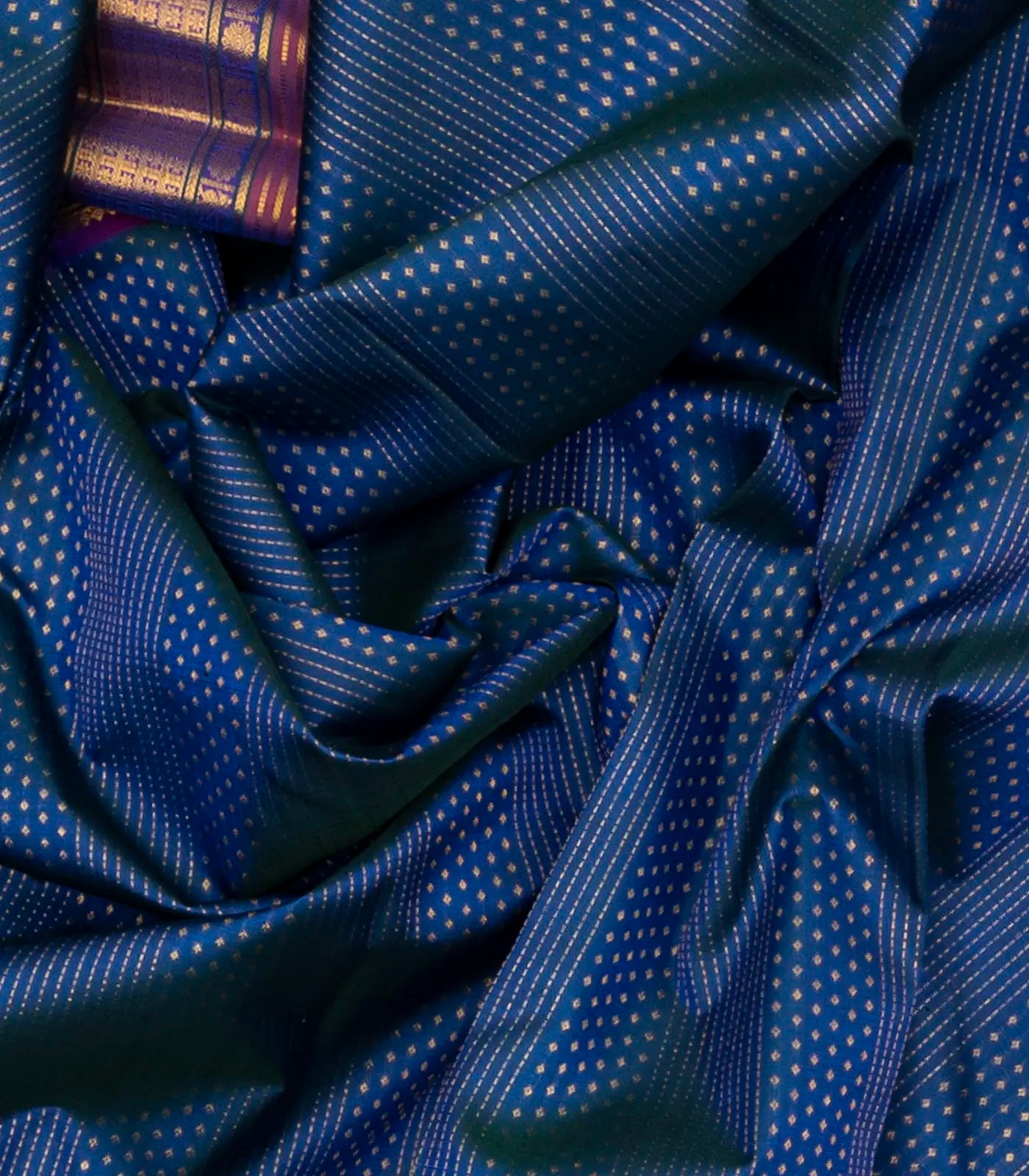 Peacock Blue Handloom Kanchipuram Silk Saree With Stripes & Diamond Motifs