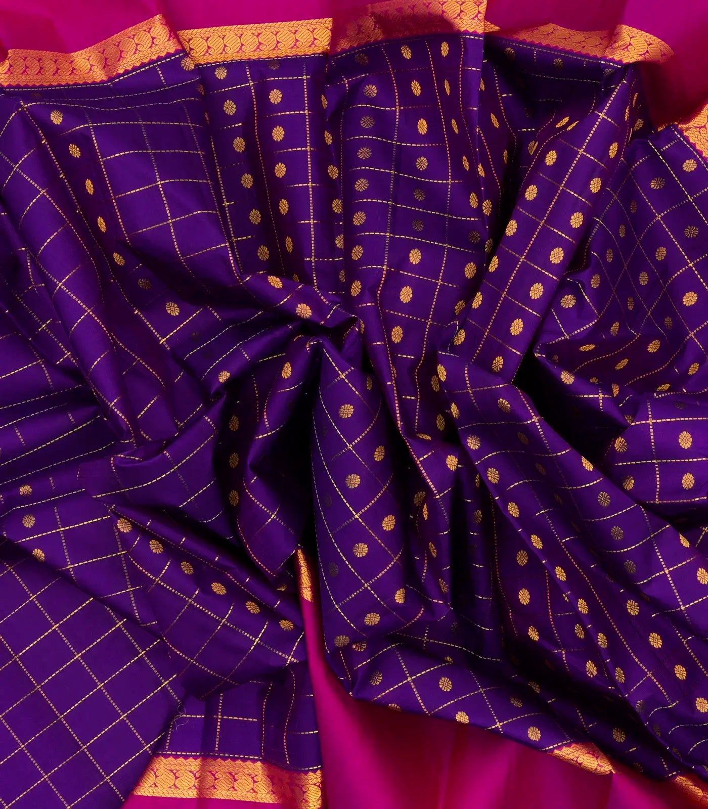 Purple Handloom Kanchipuram Korvai Silk Saree With Checks