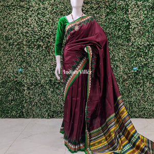 Wine Color Dongria Border Contemporary Silk Saree