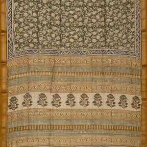 Green Handloom Chanderi Cotton Saree With Printed Motifs
