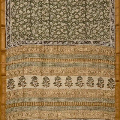 Green Handloom Chanderi Cotton Saree With Printed Motifs