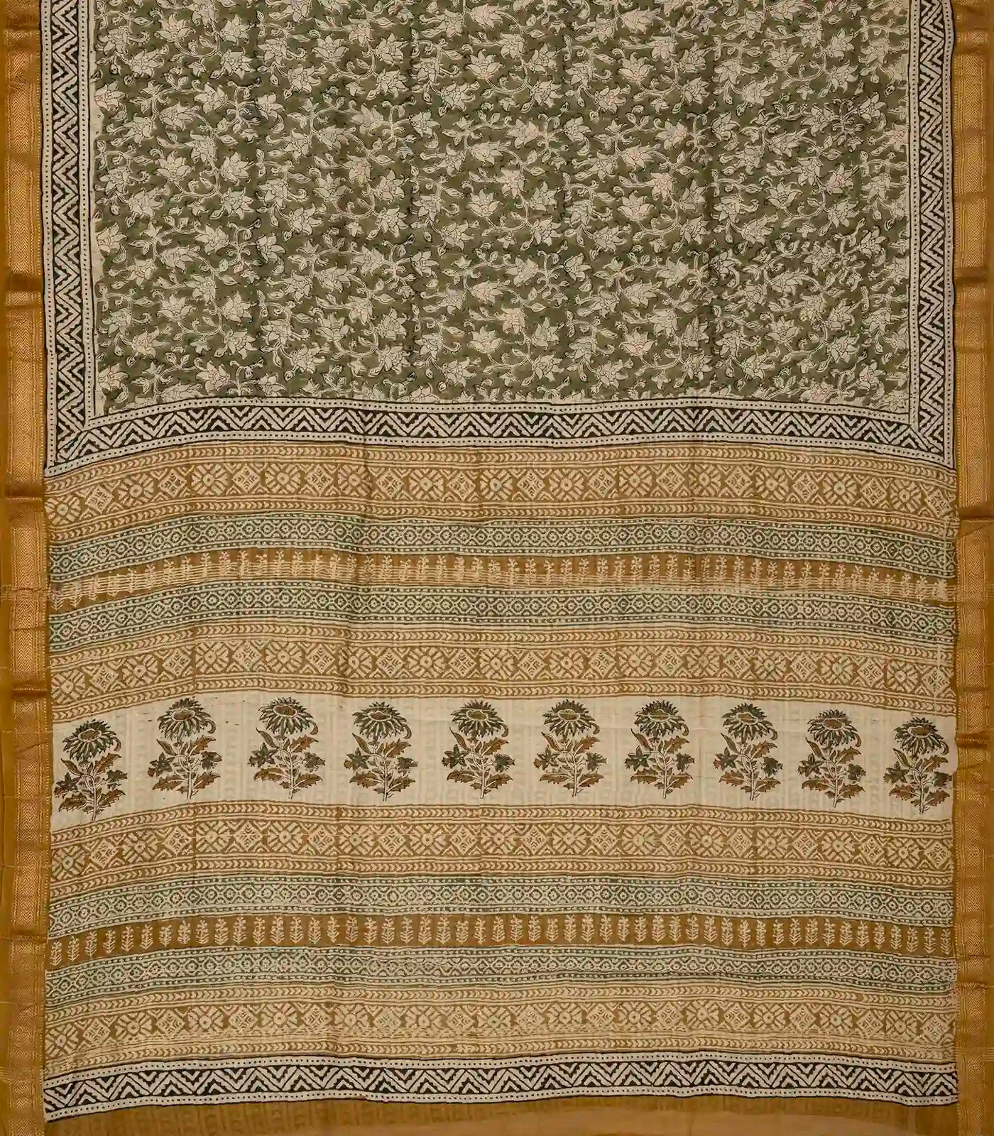 Green Handloom Chanderi Cotton Saree With Printed Motifs