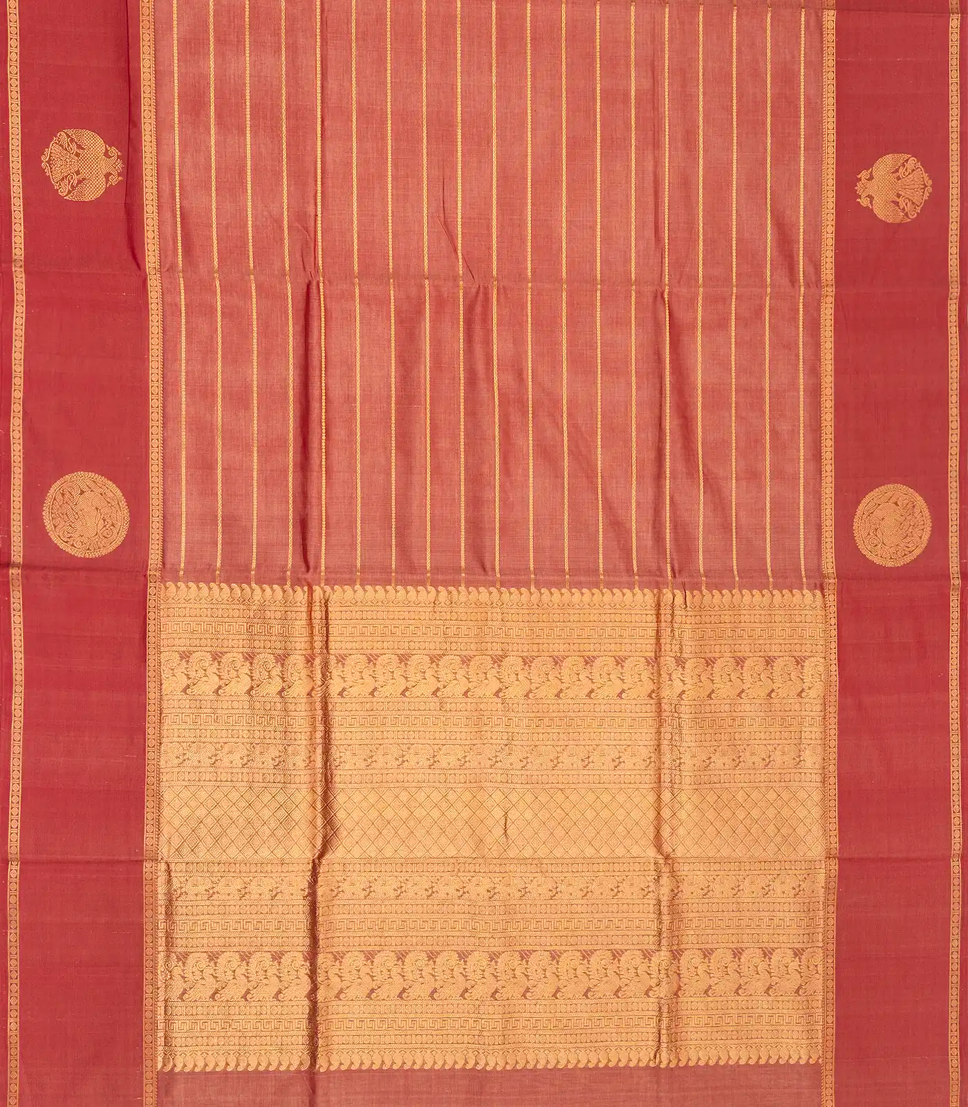 Peach Handloom Silk Cotton Saree With Zari Stripes