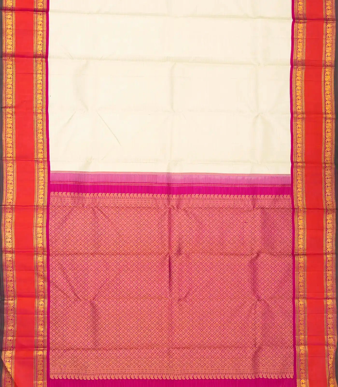 White Handloom Korvai Kanchipuram Silk Saree With Contrast Pink Border