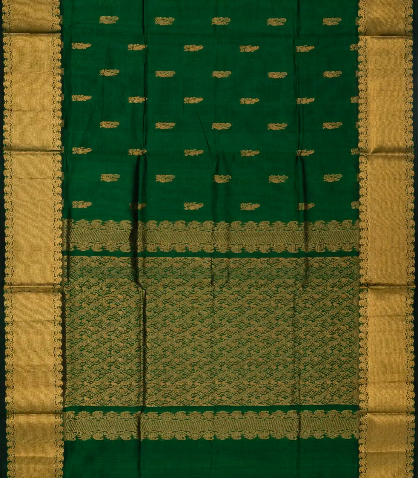 Dark Green Handloom Silk Cotton Saree With Annam Buttas