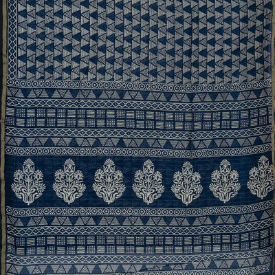 Indigo Woven Jaipur Cotton Saree With Printed Triangle Motifs
