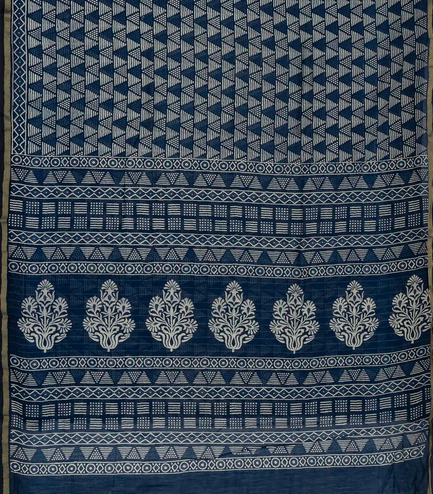 Indigo Woven Jaipur Cotton Saree With Printed Triangle Motifs