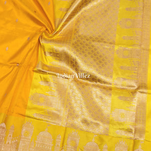 Yellow Banarasi Katan Silk Saree Inspired by Big Ben, London & United States Capitol, Washington DC