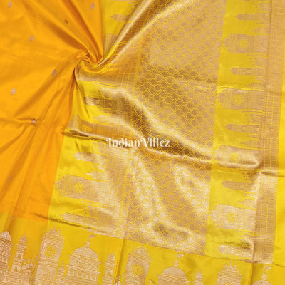 Yellow Banarasi Katan Silk Saree Inspired by Big Ben, London & United States Capitol, Washington DC