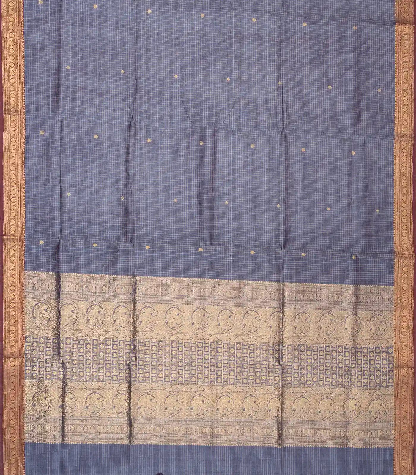 Grey Handloom Silk Cotton Saree With Checks & Buttas