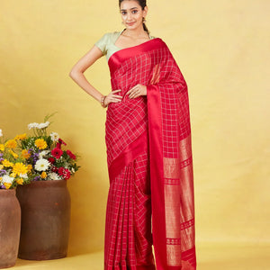 Red Crepe Silk Saree With Zari Checks