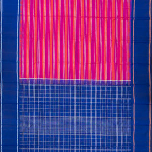 Hot Pink & Orange Handloom Kanchipuram Korvai Silk Saree With Stripes