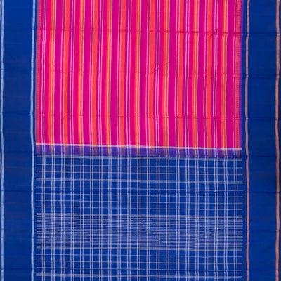 Hot Pink & Orange Handloom Kanchipuram Korvai Silk Saree With Stripes