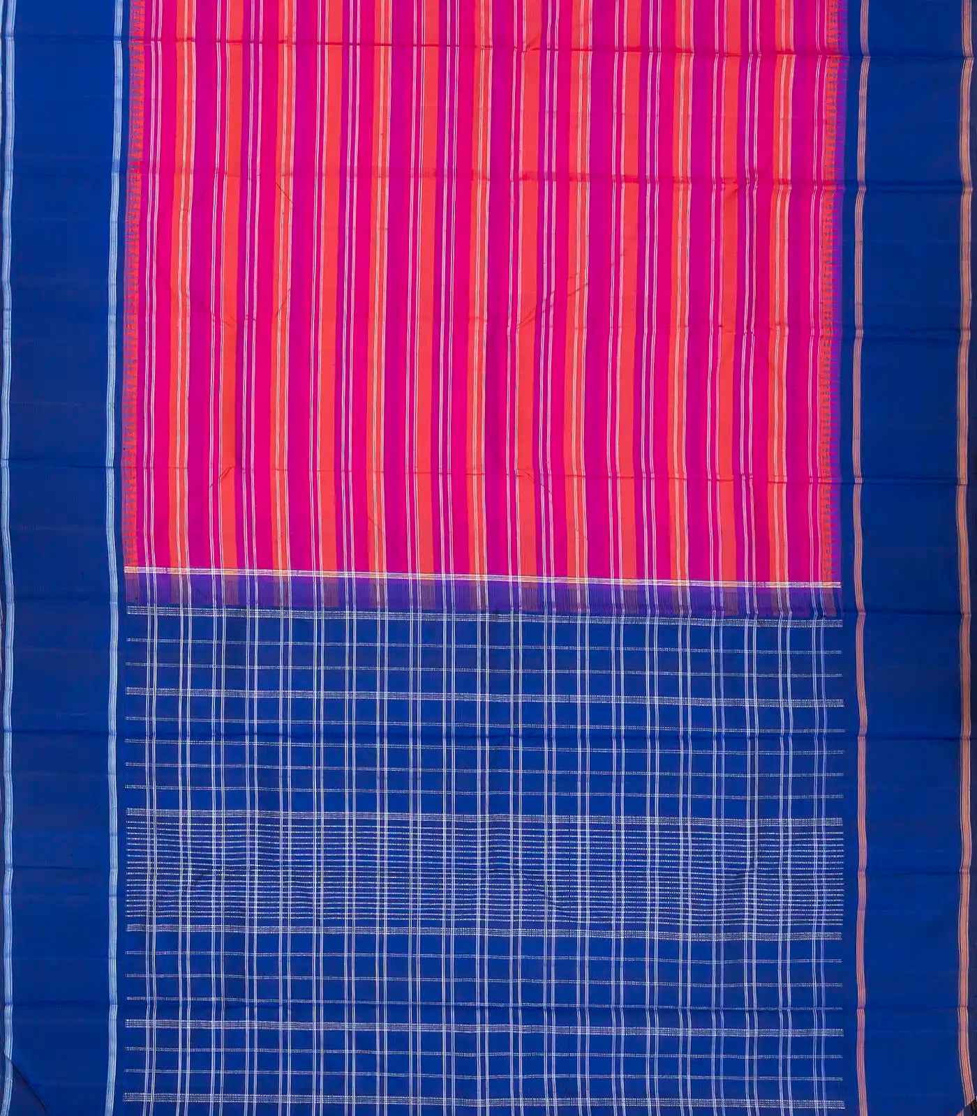 Hot Pink & Orange Handloom Kanchipuram Korvai Silk Saree With Stripes