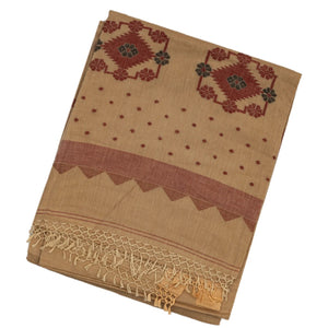 Beige Handloom Bengal Cotton Saree With Kamalam Buttas
