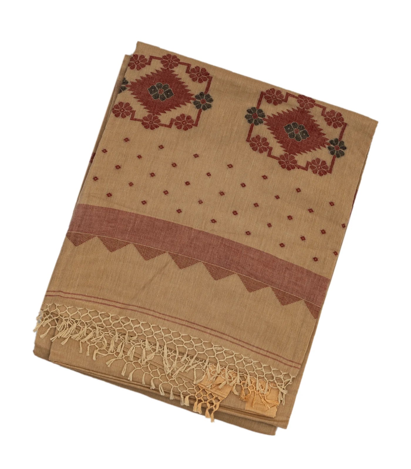Beige Handloom Bengal Cotton Saree With Kamalam Buttas