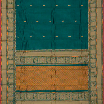 Cyan Handloom Kanchi Cotton Saree With Mango Buttas