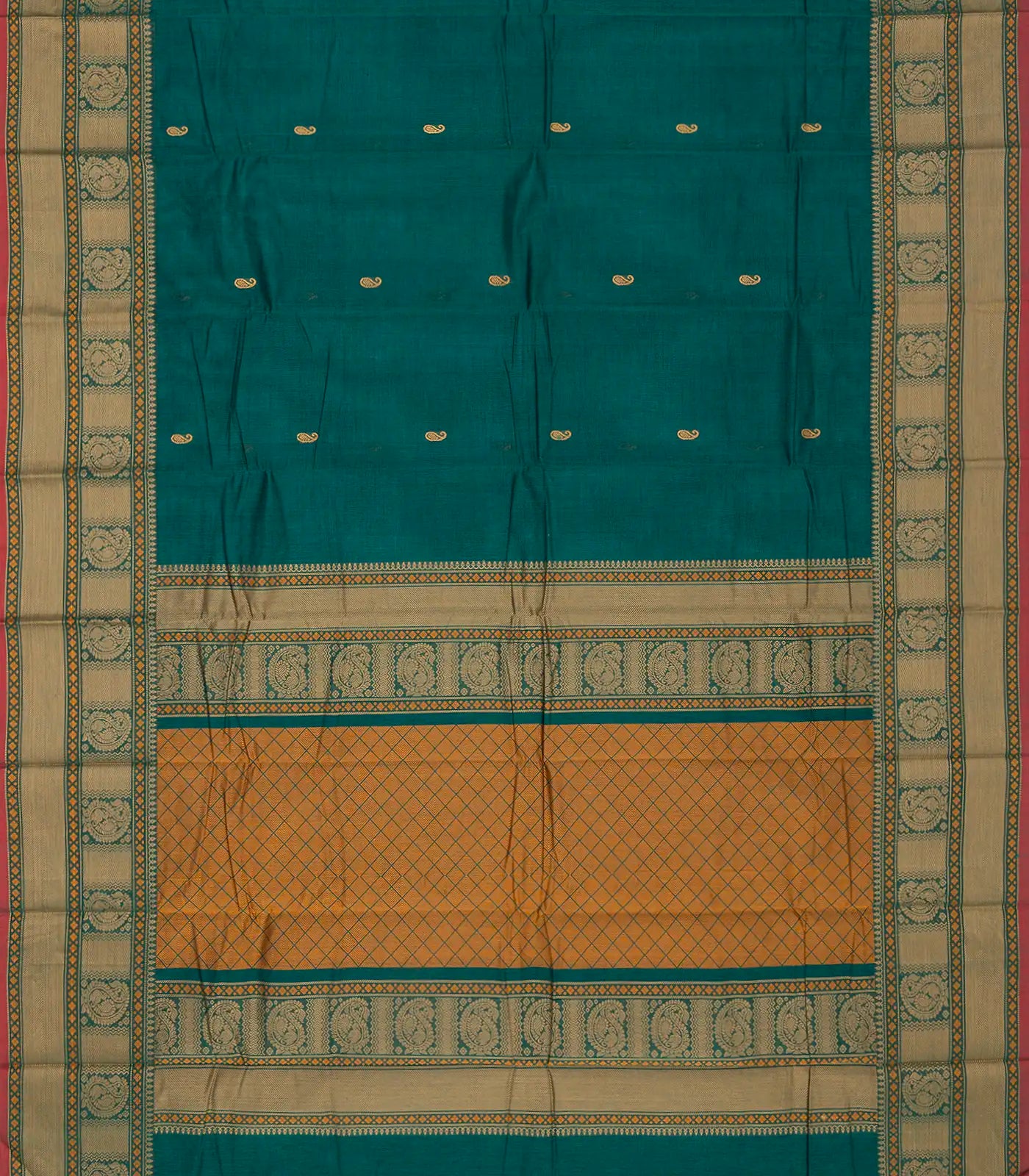 Cyan Handloom Kanchi Cotton Saree With Mango Buttas
