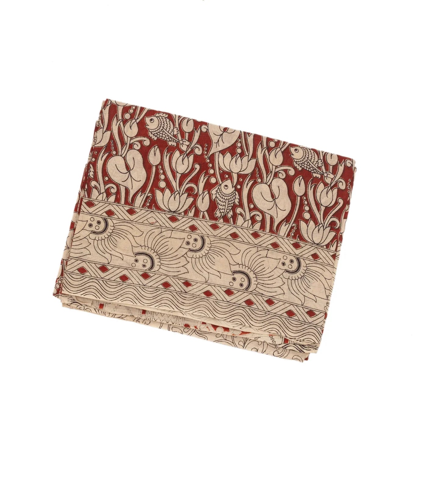 Taupe Cotton Saree With Rust Kalamkari Print