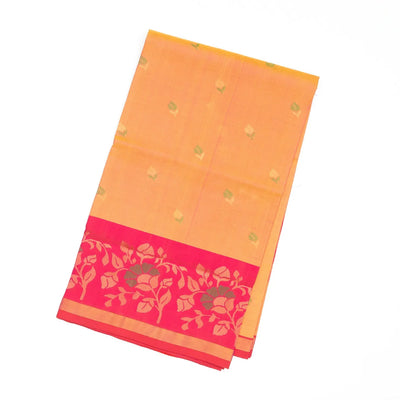 Orange Handloom Uppada Silk Saree With Floral Buttas & Pink Border