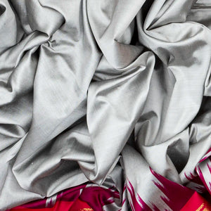 Grey Handloom Ikat Silk Saree With Contrast Pink & Purple Border