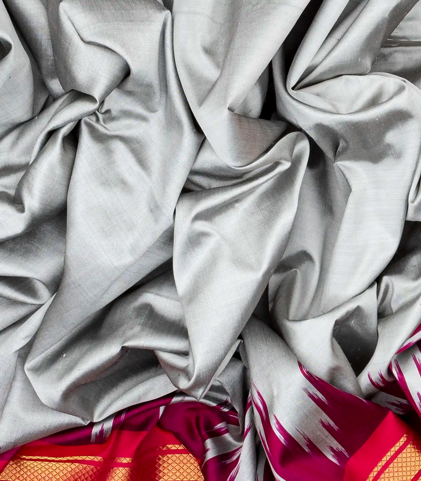 Grey Handloom Ikat Silk Saree With Contrast Pink & Purple Border