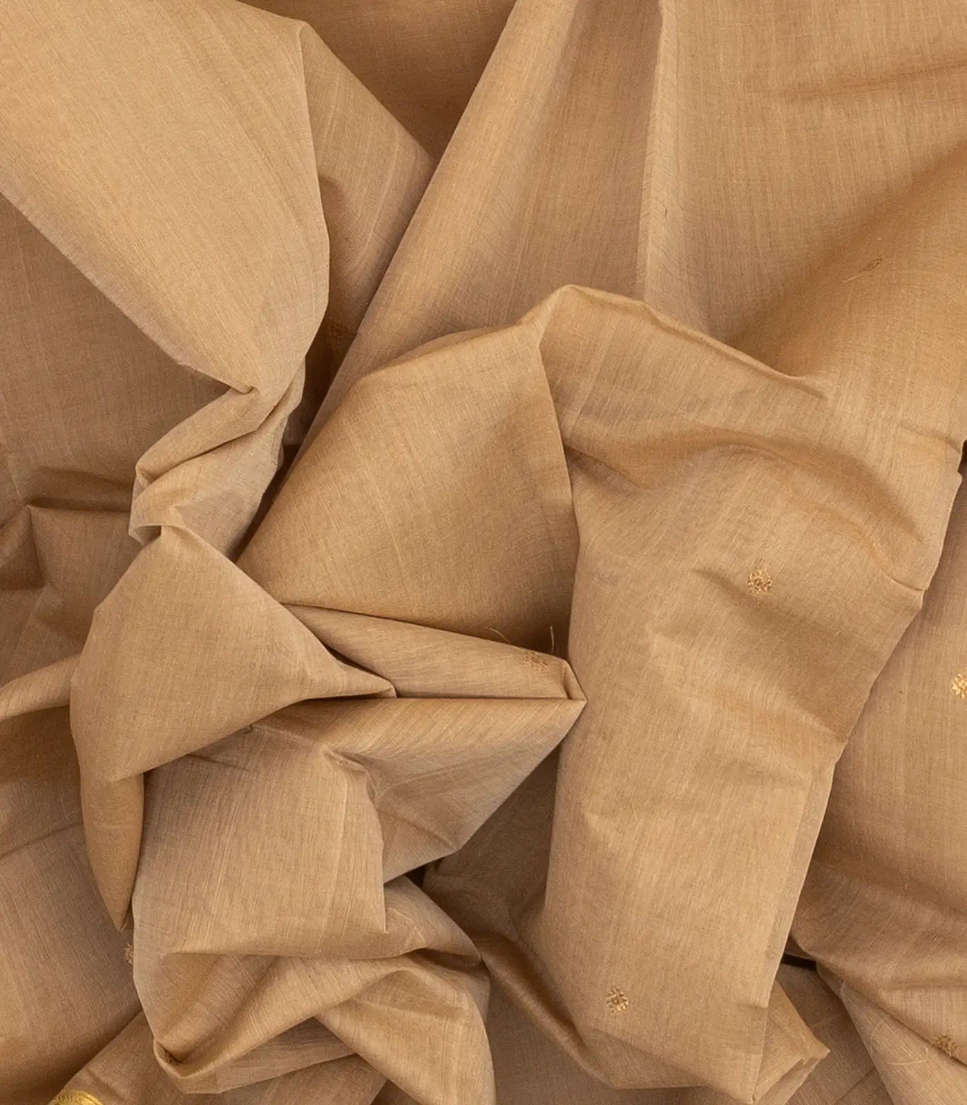 Taupe Handloom Kanchi Cotton Saree With Annam Buttas & Green Border.