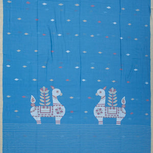 Light Blue Handloom Bengal Cotton Saree With Horse Motifs