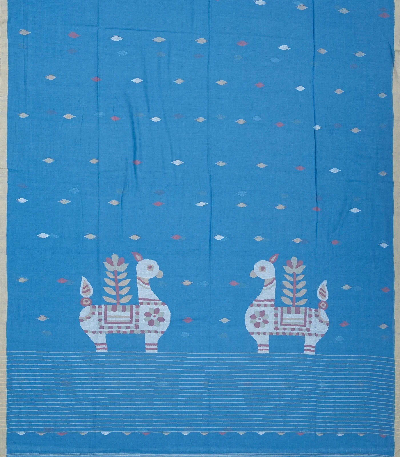 Light Blue Handloom Bengal Cotton Saree With Horse Motifs