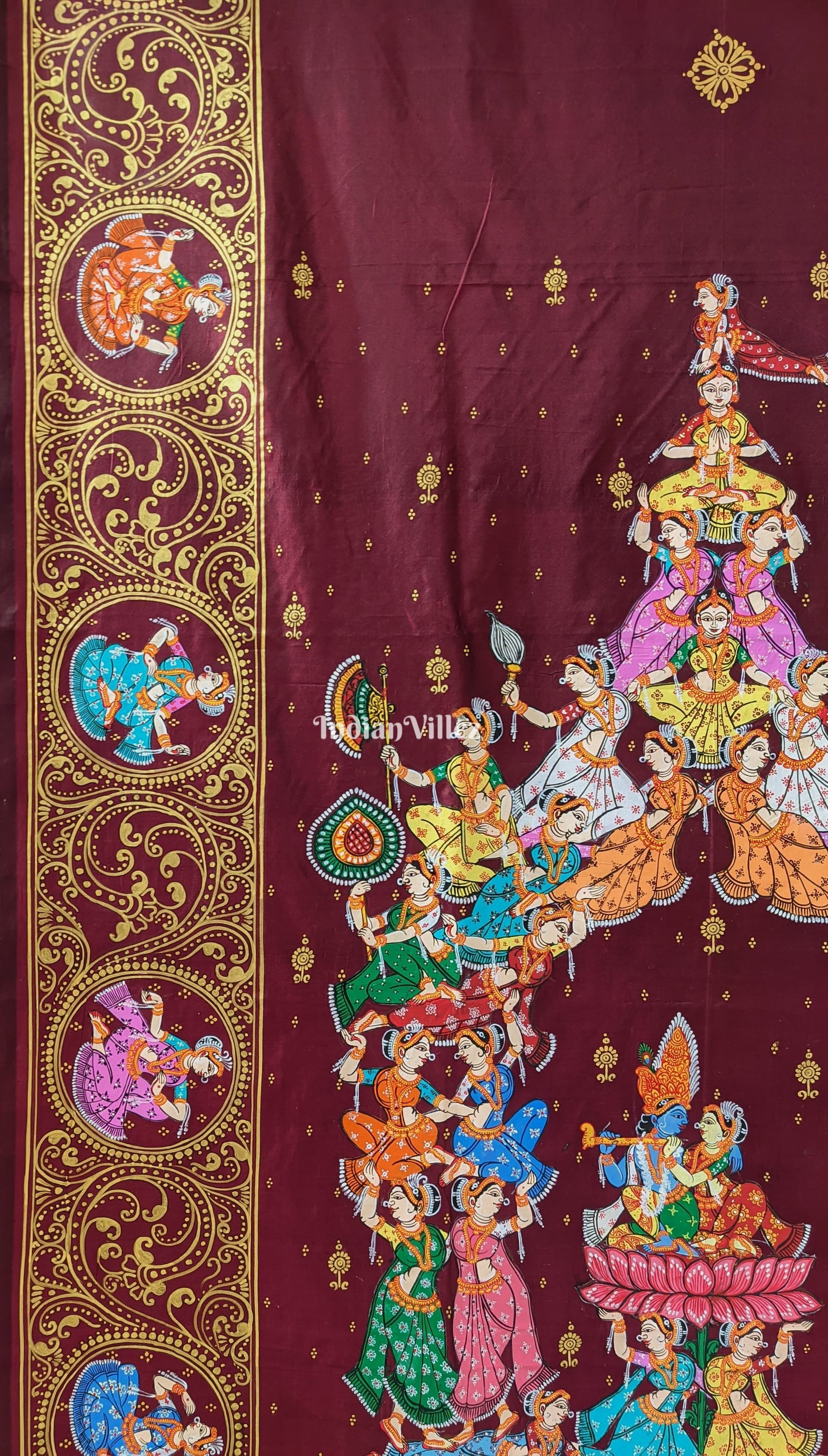Maroon Kandarpa Rath Hand-painted Pattachitra Saree
