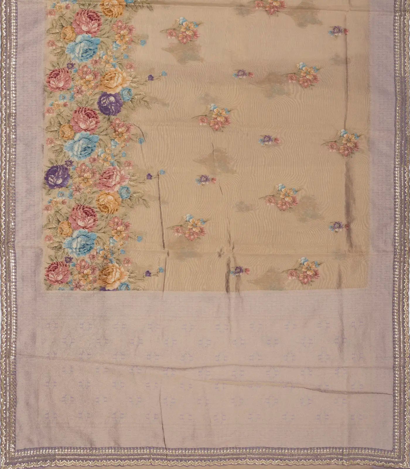 Lavender Woven Tissue Saree With Floral Print & Embroidery