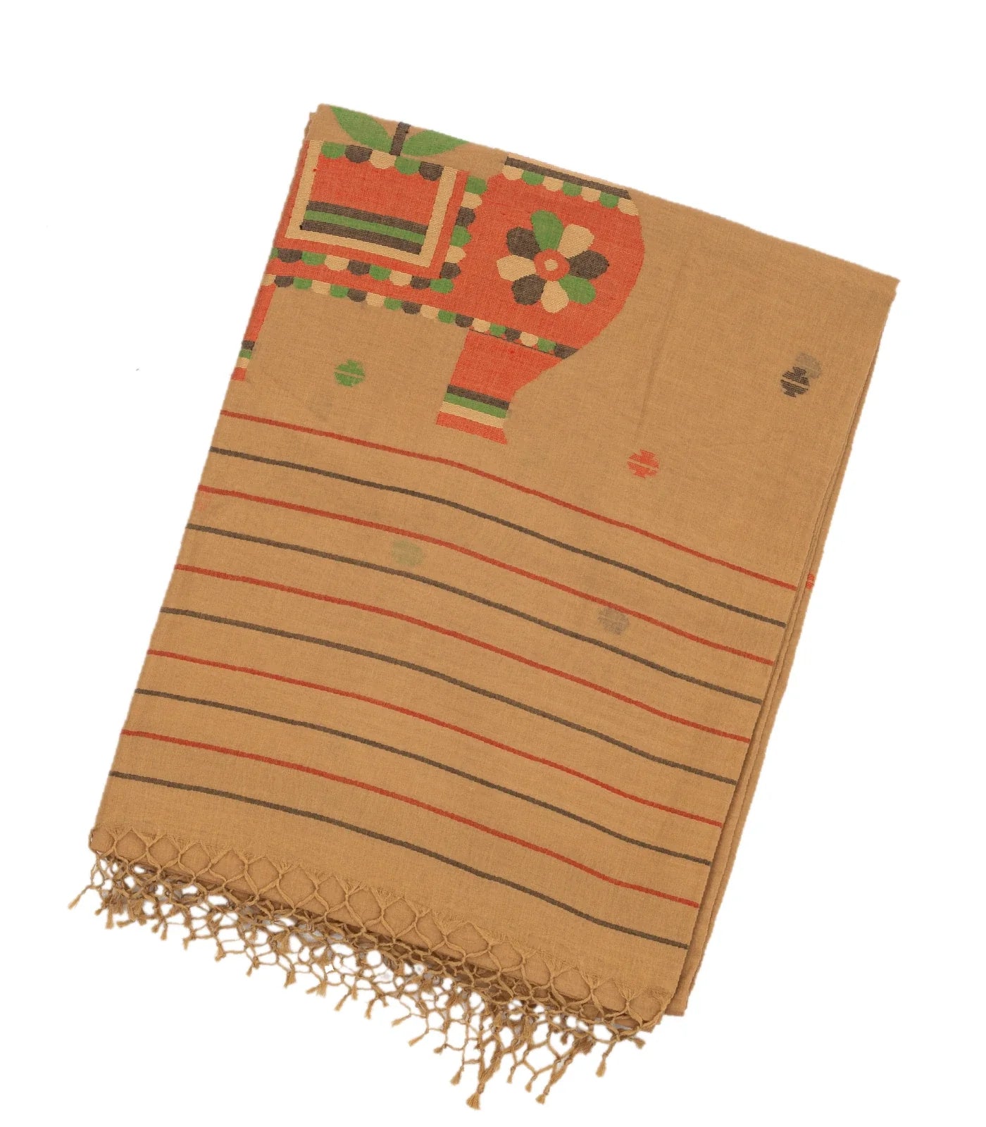 Beige Handloom Bengal Cotton Saree With Horse Motifs