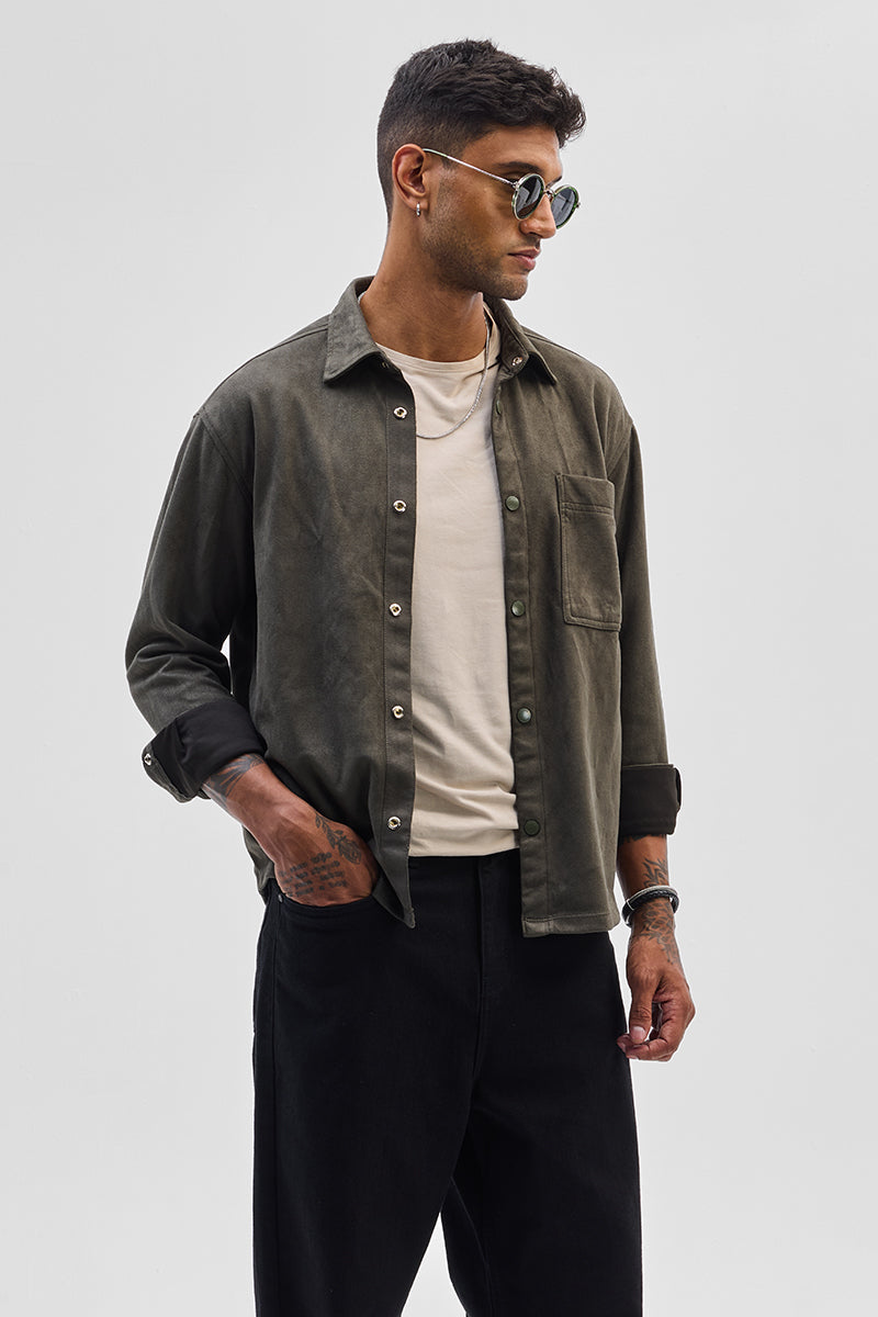 Olive Suede Snap Button Overshirt