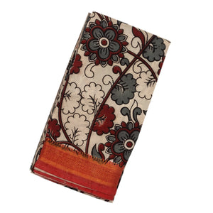 White Handloom Kalamkari Cotton Saree And Printed Floral Motifs