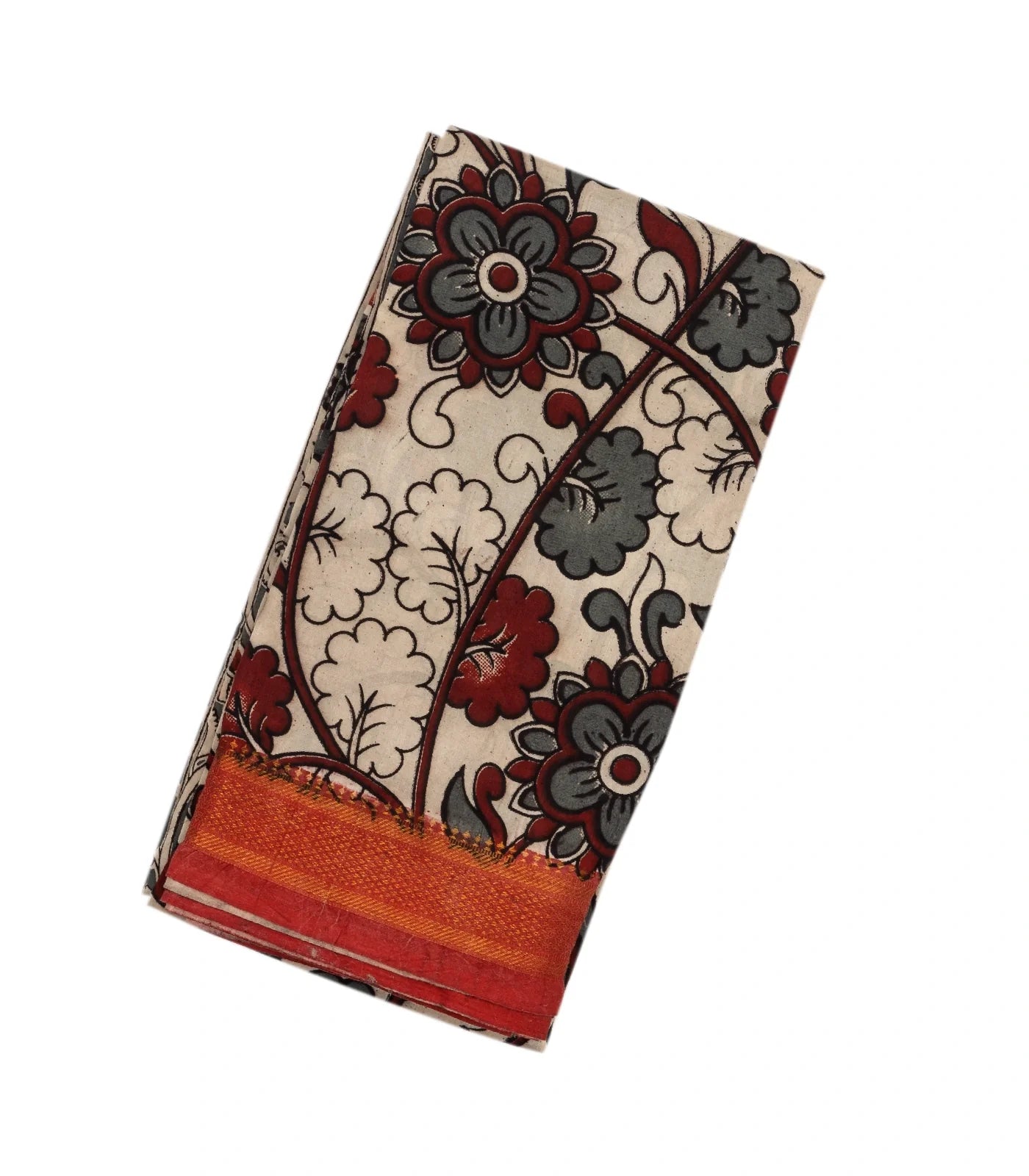 White Handloom Kalamkari Cotton Saree And Printed Floral Motifs