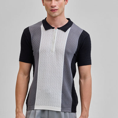 White Colourblocked Zipper Polo T-Shirt