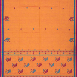 Orange Handloom Bengal Cotton Saree With Bird Motifs