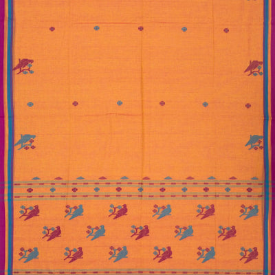 Orange Handloom Bengal Cotton Saree With Bird Motifs