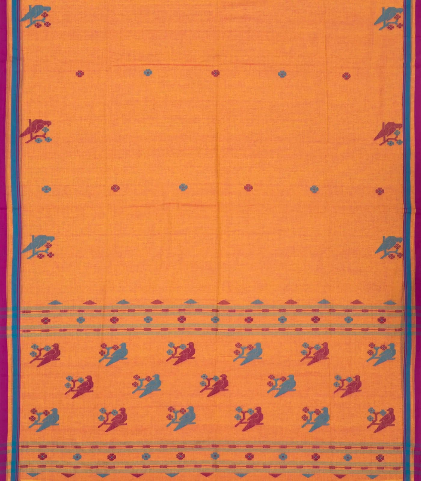 Orange Handloom Bengal Cotton Saree With Bird Motifs