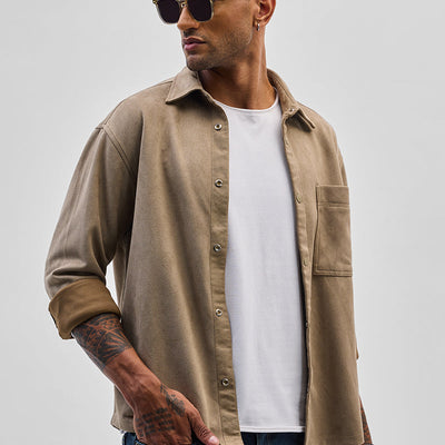 Beige Suede Snap Button Overshirt